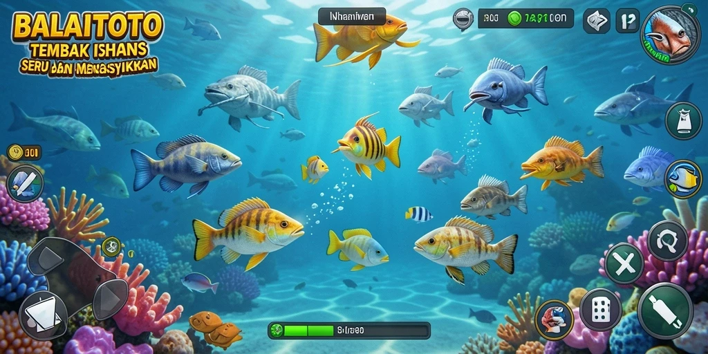 Tangkapan layar utama BALAITOTO menampilkan aksi seru menembak ikan.
