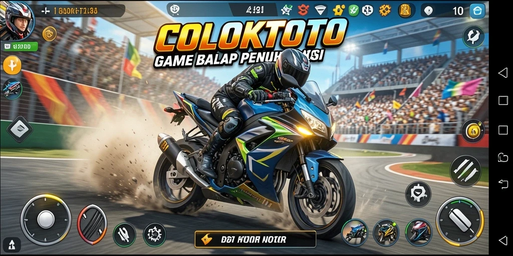 Screenshot gameplay COLOKTOTO menunjukkan motor balap beraksi di trek yang penuh tantangan.