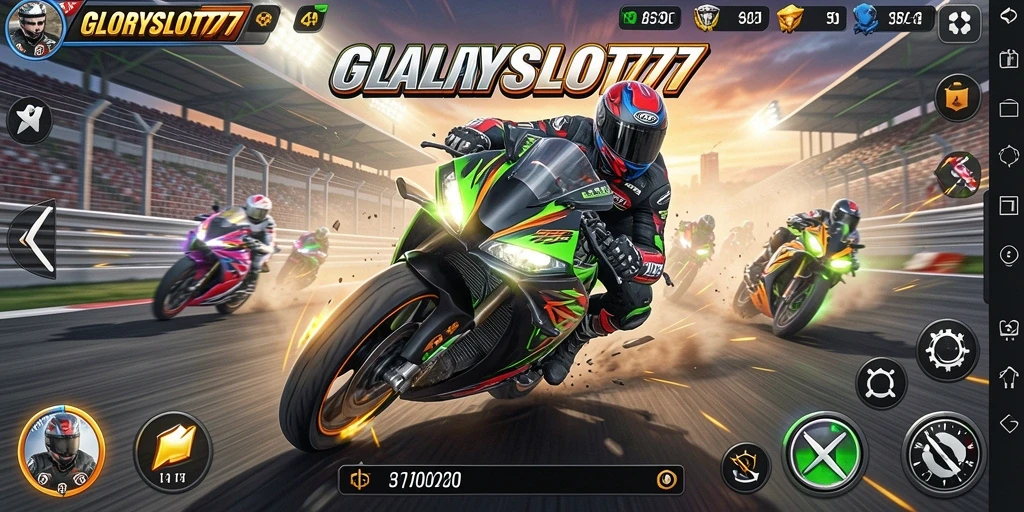 Screenshot gameplay GLORYSLOT777 menampilkan aksi balapan motor yang mendebarkan.