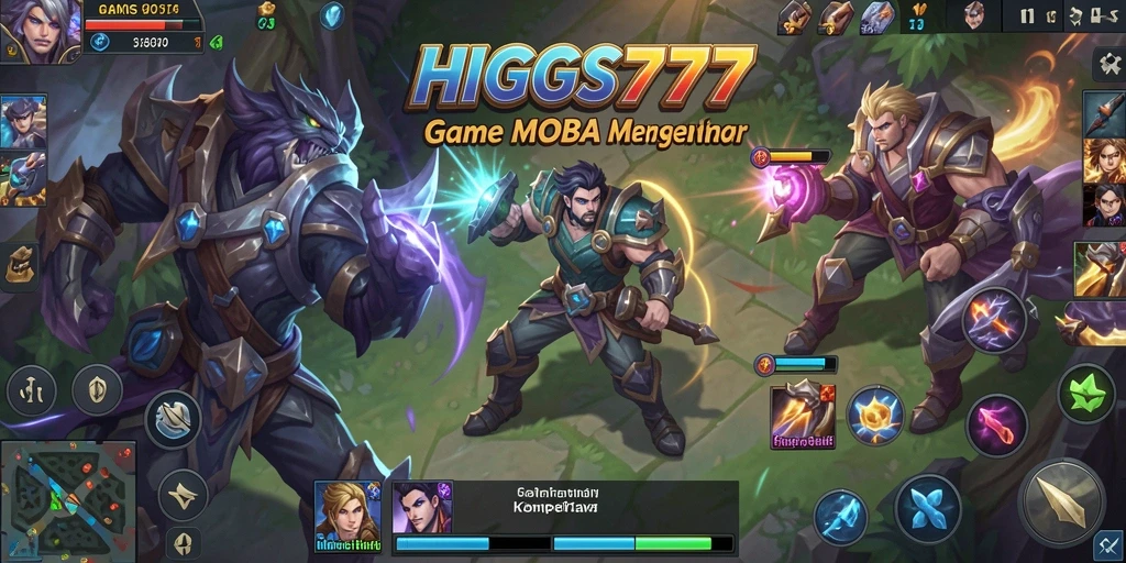 Screenshot utama HIGGS777 menampilkan pertarungan tim yang seru dalam game MOBA.