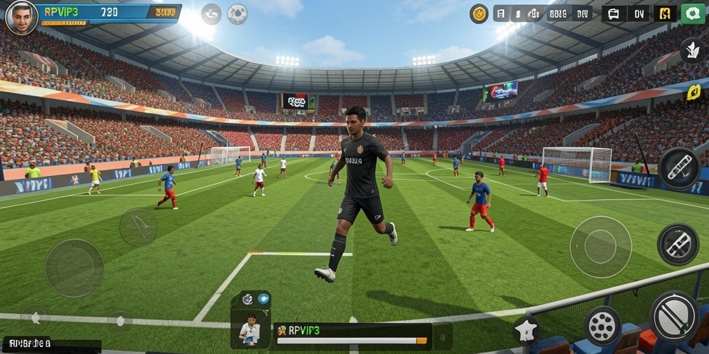 Tampilan gameplay menyerupai pertandingan sepak bola nyata di RPVIP3.